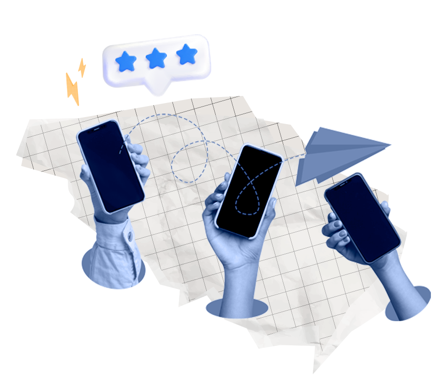 Drei Hände halten Smartphones, umgeben von grafischen Elementen wie Sternen und einem Papierflieger.
