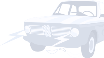 Grafische Darstellung eines blauen Autos mit Blitzen an der Front.