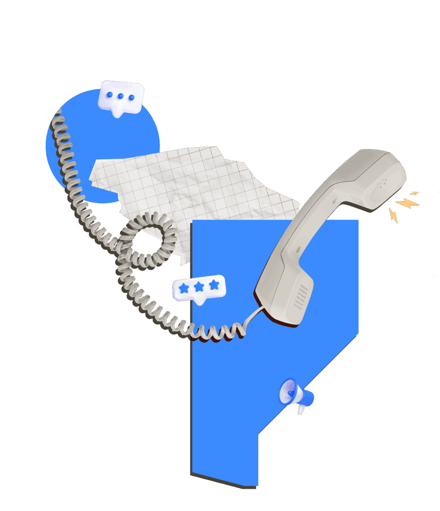 Grafik eines Telefonhörers, einer Sprechblase und einem Notizblatt in blauen und grauen Farben.